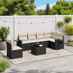7 Piece Black Rattan Garden Sofa Set with Cushions