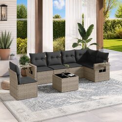 7-Piece Outdoor Garden Sofa Set in Grey Poly Rattan