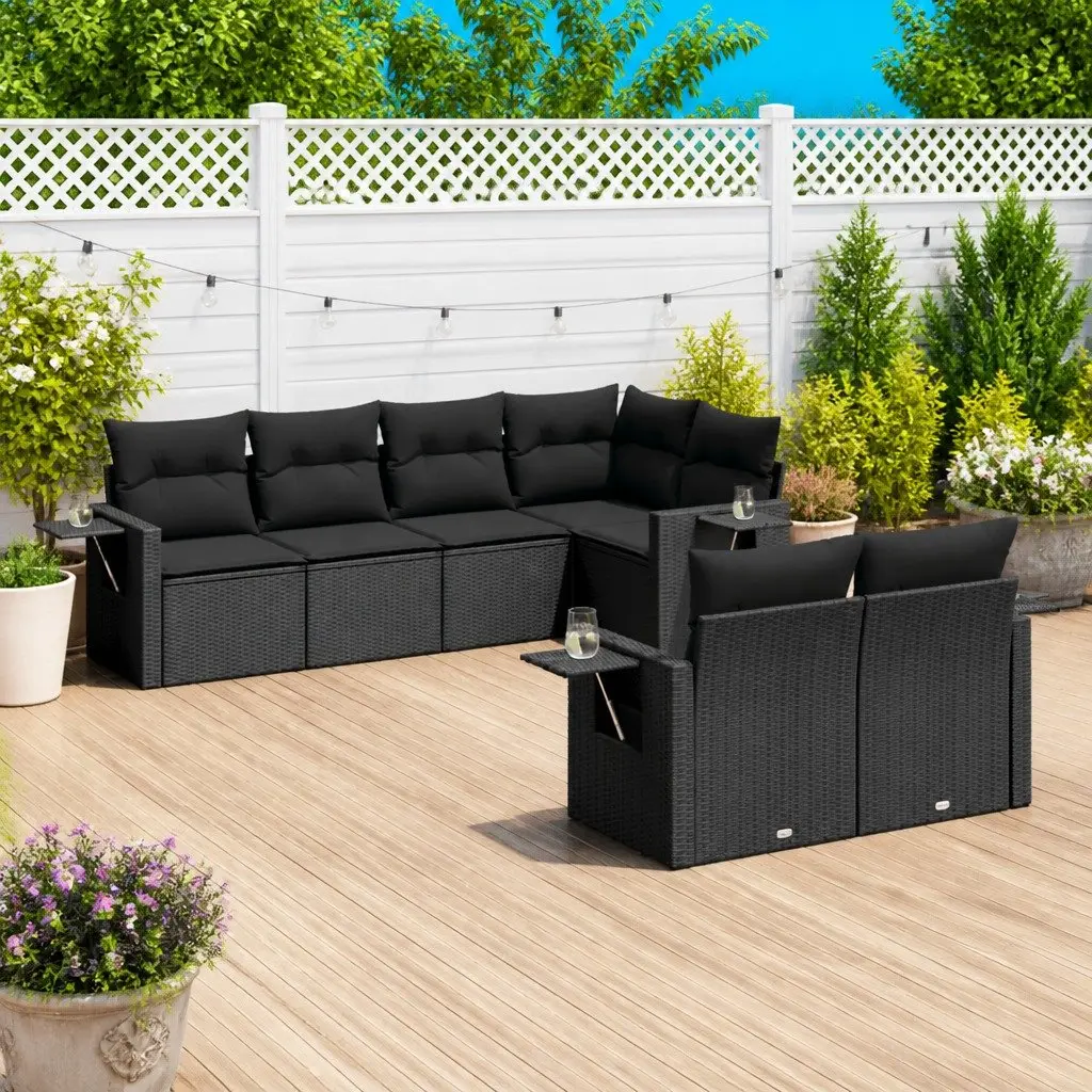 7 Piece Outdoor Garden Sofa Set in Black with Cushions