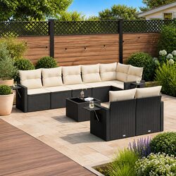 Black Rattan 9-Piece Garden Sofa Set with Cushions