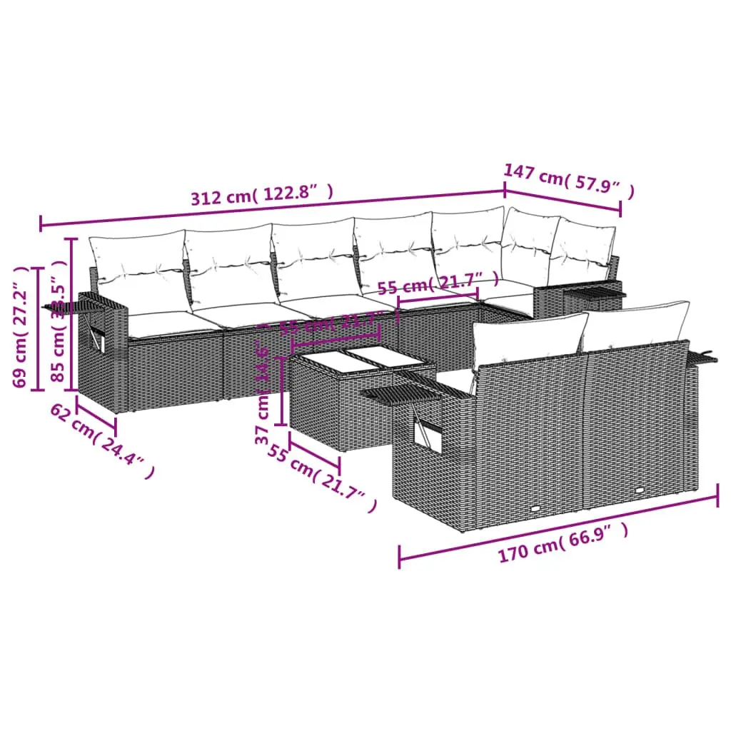 Garden Sofa Set PE Rattan 9 Piece Outdoor Patio Furniture with Cushions Black