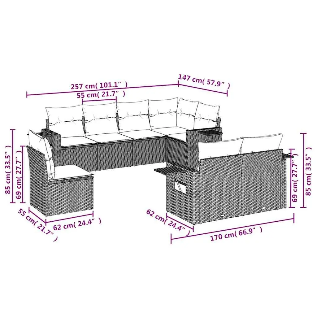 Garden Sofa Set 8 Piece Outdoor Furniture Black Poly Rattan Modular Patio Lounge