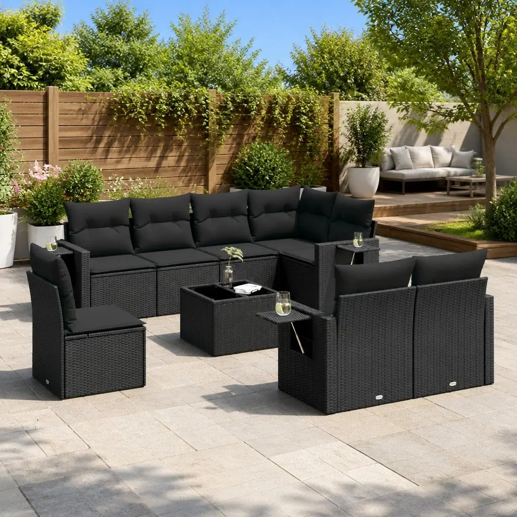9 Piece Outdoor Garden Sofa Set PE Rattan Black with Cushions