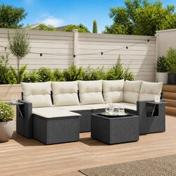 7-Piece Black Poly Rattan Outdoor Sofa Set with Cushions