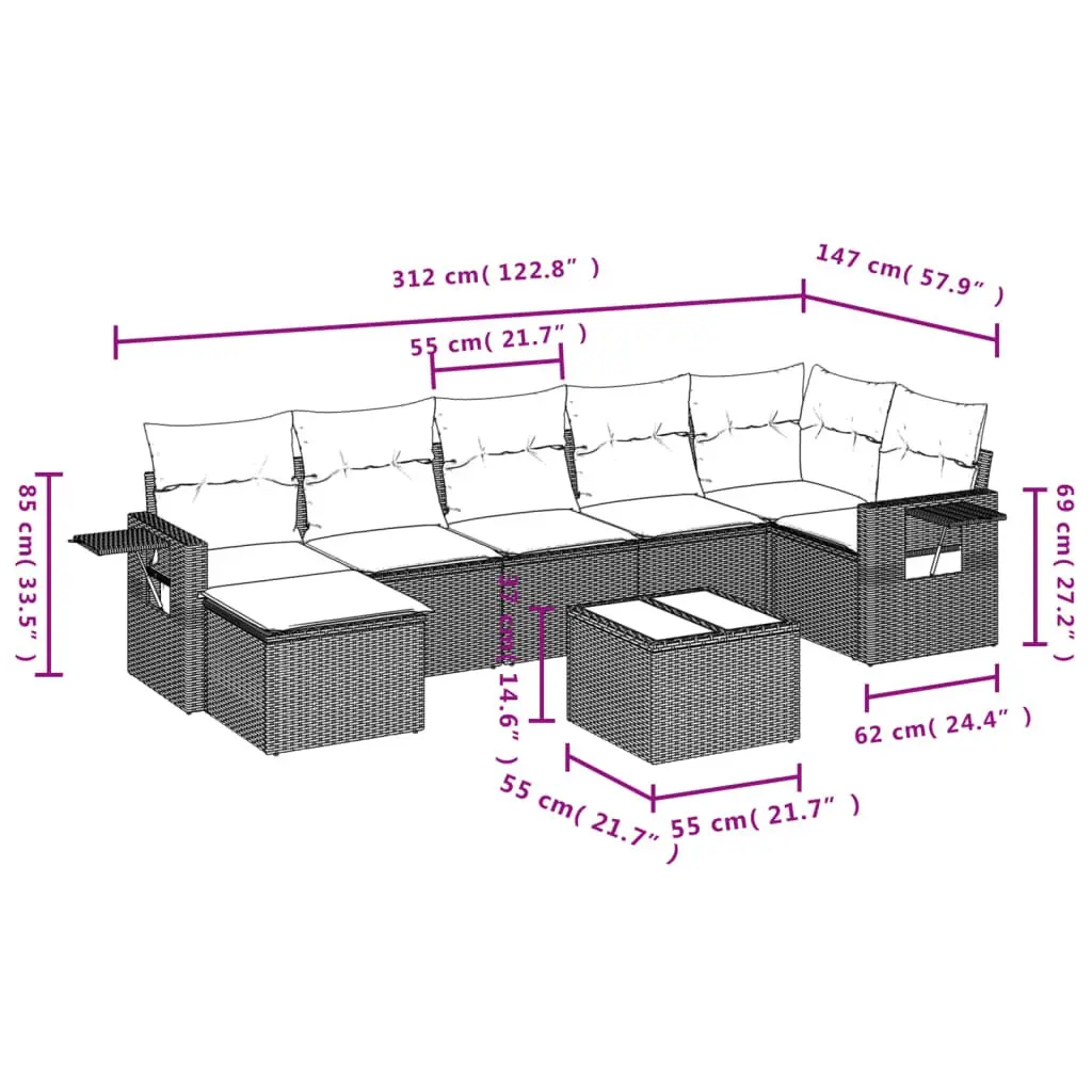 8 Piece Grey Poly Rattan Garden Sofa Set