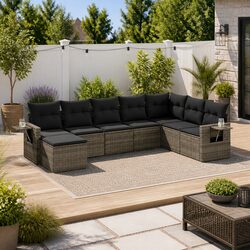 8-Piece Grey Poly Rattan Garden Sofa Set with Cushions