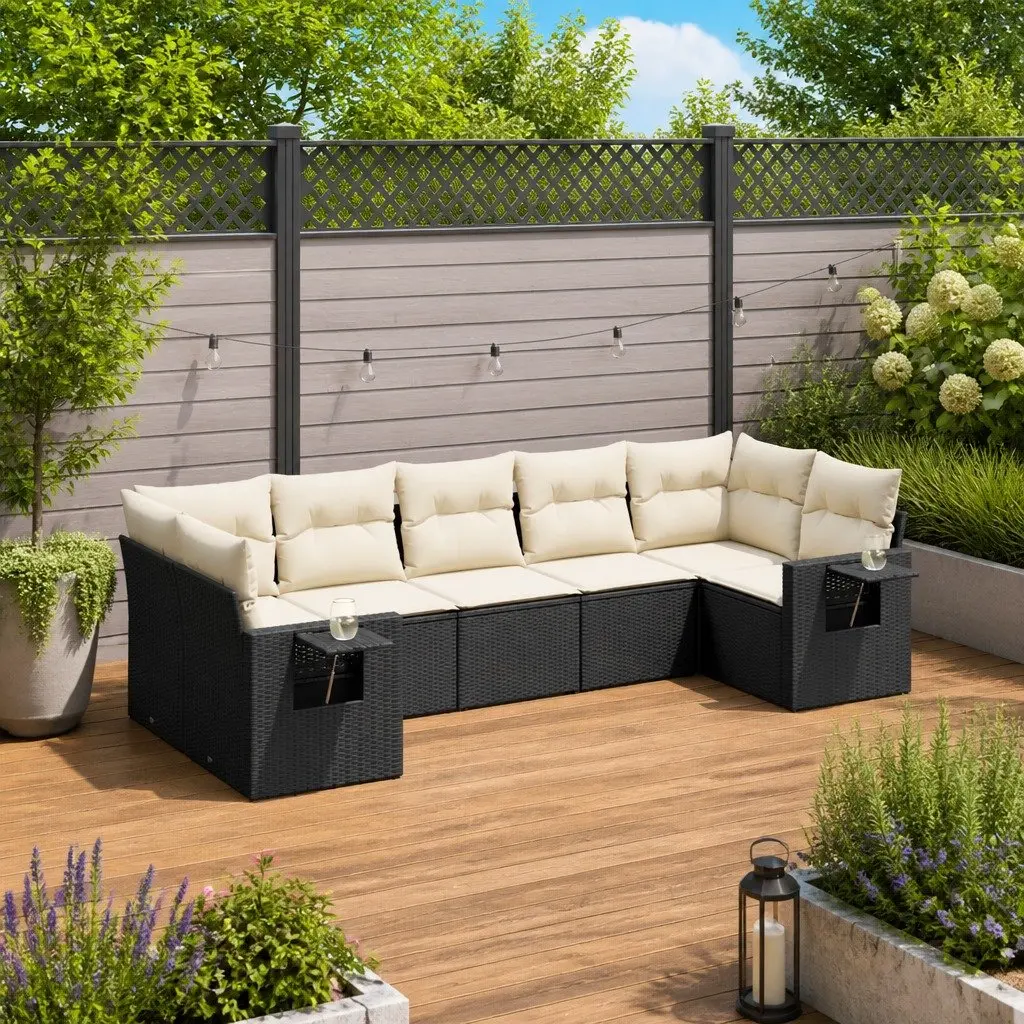 7 Piece Garden Sofa Set PE Rattan Modular Black Patio Furniture with Cushions