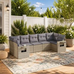 7-Piece Beige Poly Rattan Garden Sofa Set with Cushions