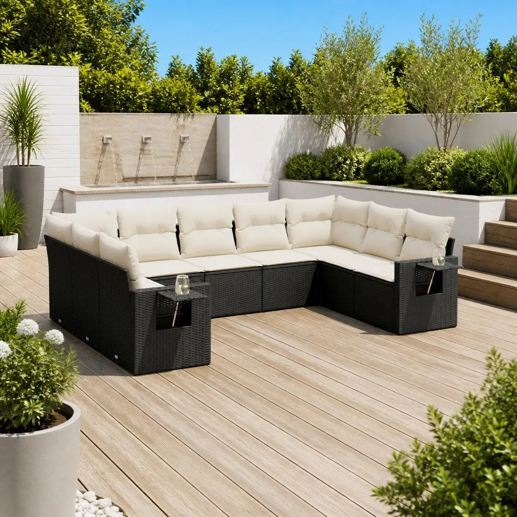 9 Piece Outdoor Garden Sofa Set Black PE Rattan Modular Patio Furniture