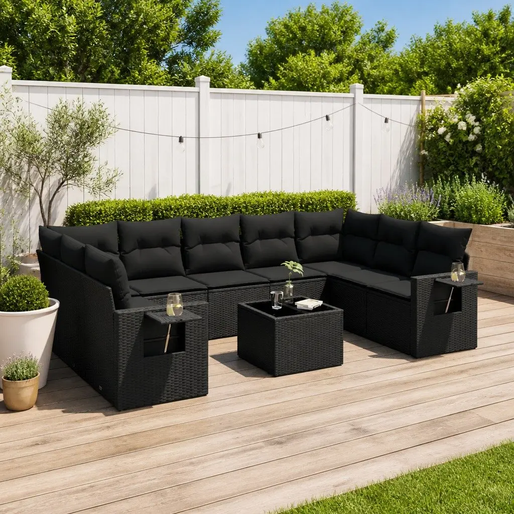 10 Piece Garden Sofa Set PE Rattan Black Outdoor Furniture with Cushions