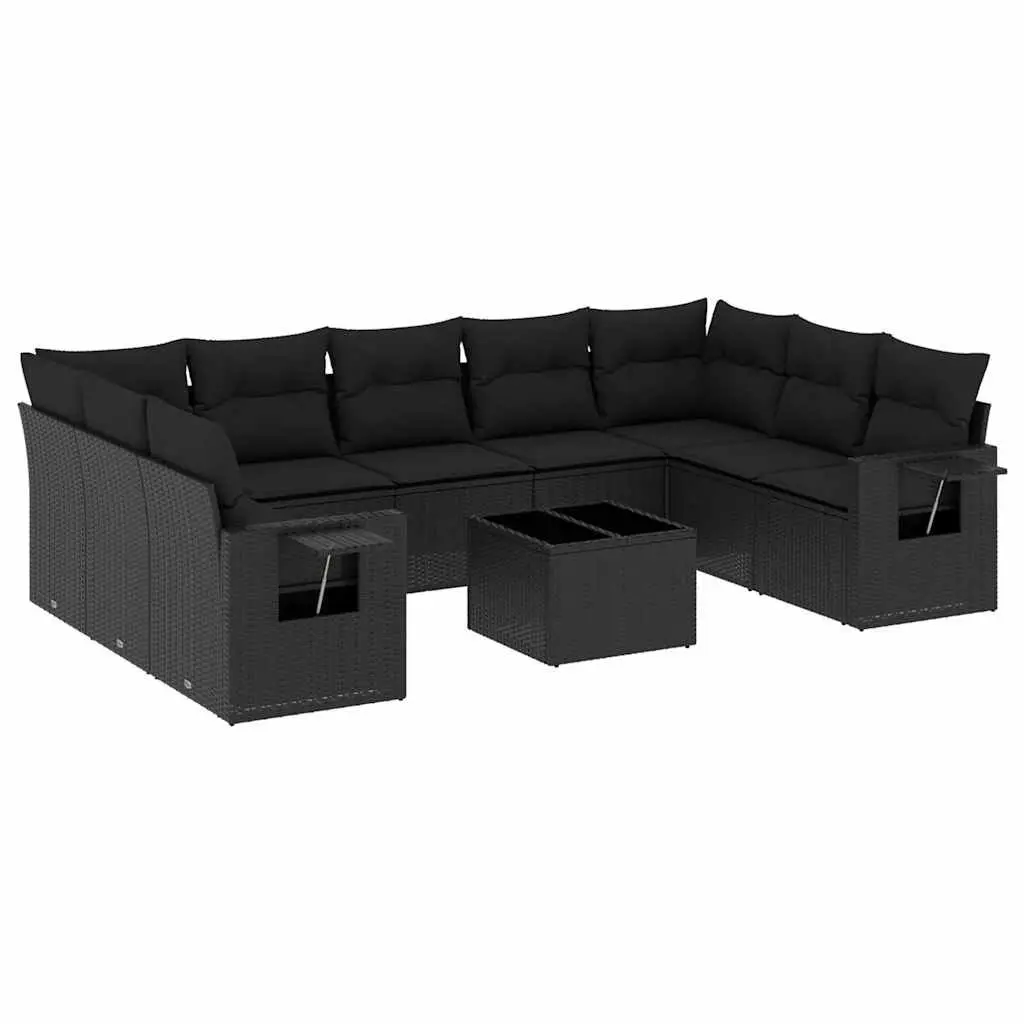 10 Piece Garden Sofa Set PE Rattan Black Outdoor Furniture with Cushions