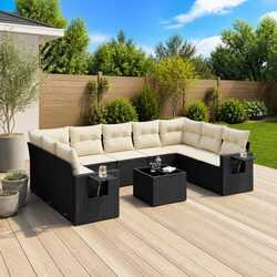 10-Piece Black Poly Rattan Garden Sofa Set with Cushions