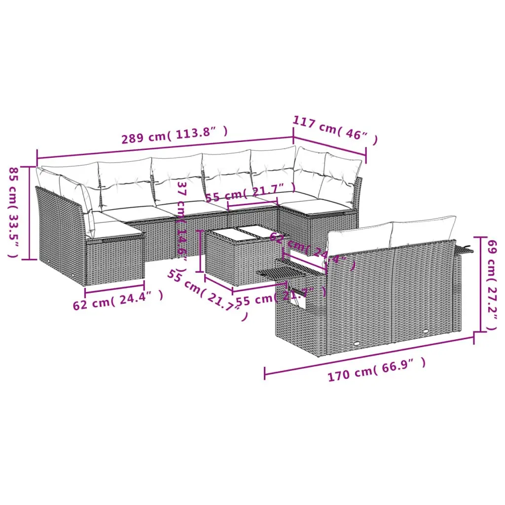 10 Piece Garden Sofa Set in Grey Poly Rattan