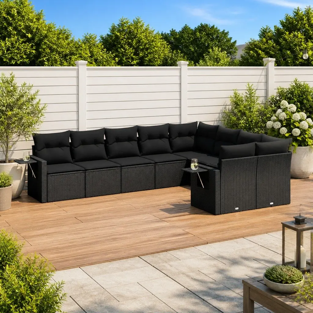 9 Piece Modular Outdoor Garden Sofa Set Black PE Poly Rattan with Padded Cushions