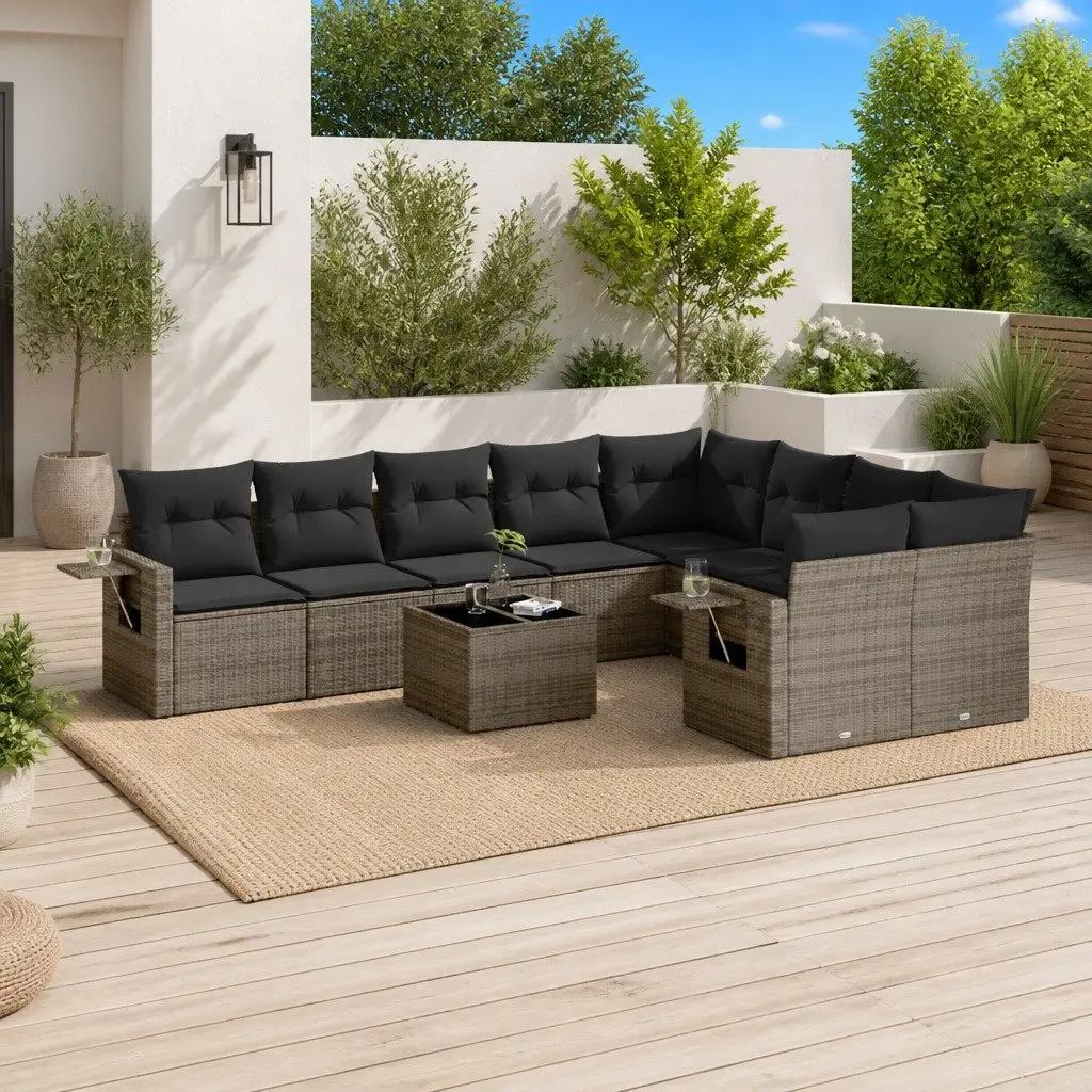 Garden Sofa Set PE Rattan 10 Piece Outdoor Furniture Grey Patio Seating Cushions Modular