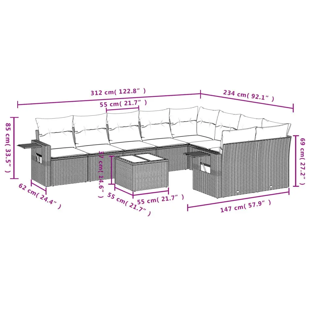 Garden Sofa Set PE Rattan 10 Piece Outdoor Furniture Grey Patio Seating Cushions Modular