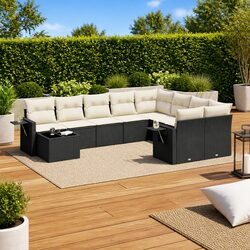 10-Piece Black Poly Rattan Garden Sofa Set with Cushions