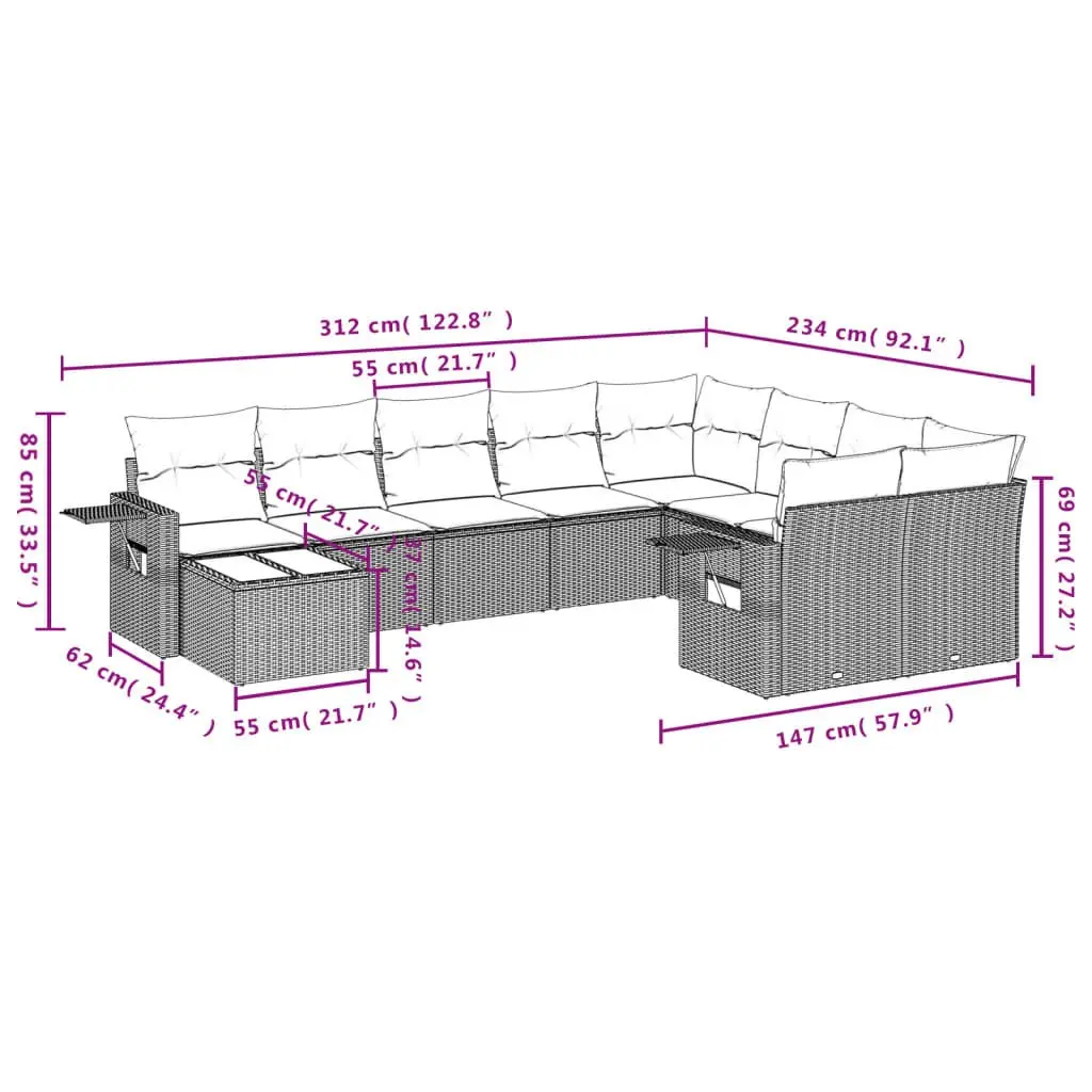 Garden Sofa Set 10 Piece Grey Poly Rattan