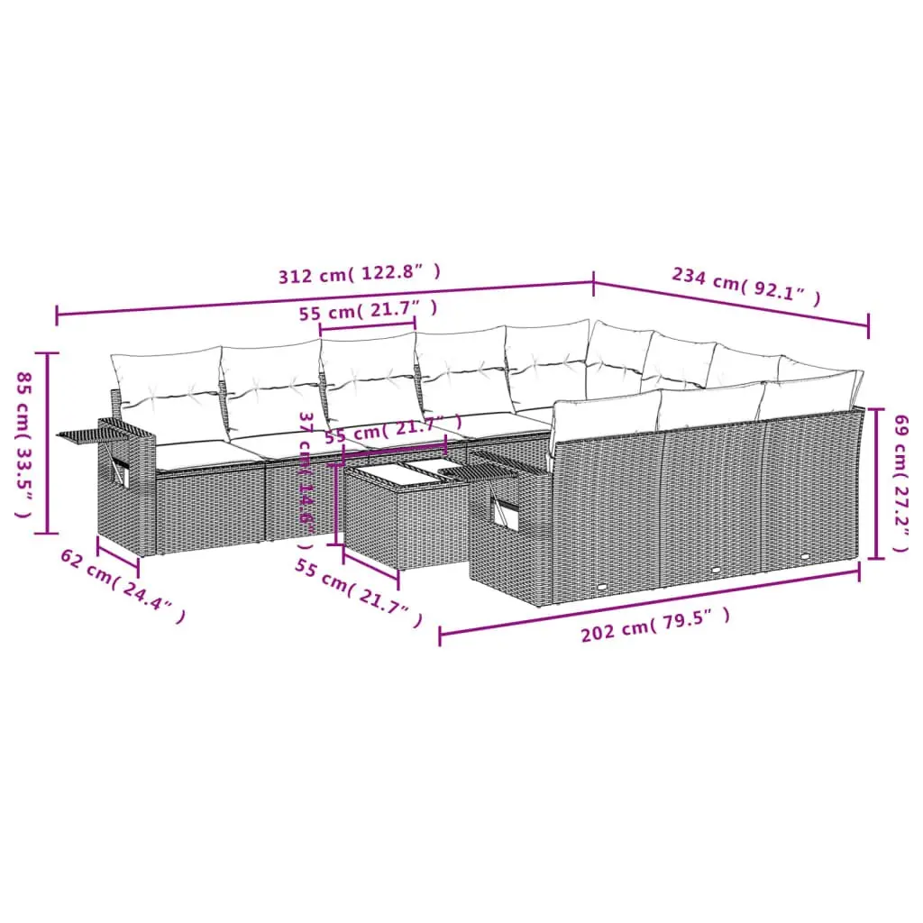 11 Piece Modular Garden Sofa Set with Cushions
