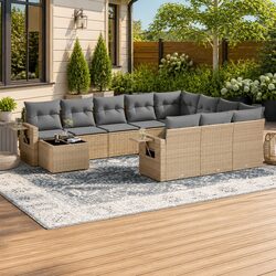 Beige Poly Rattan 11-Piece Garden Sofa Set for Outdoor Comfort