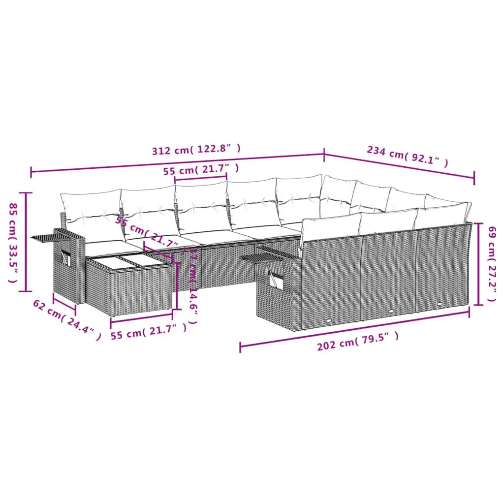 Garden Sofa Set PE Rattan 11 Piece Outdoor Furniture Patio Grey with Cushions