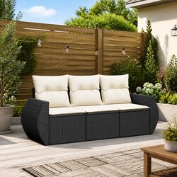 Durable 3 Piece Black Rattan Garden Sofa Set with Cushions