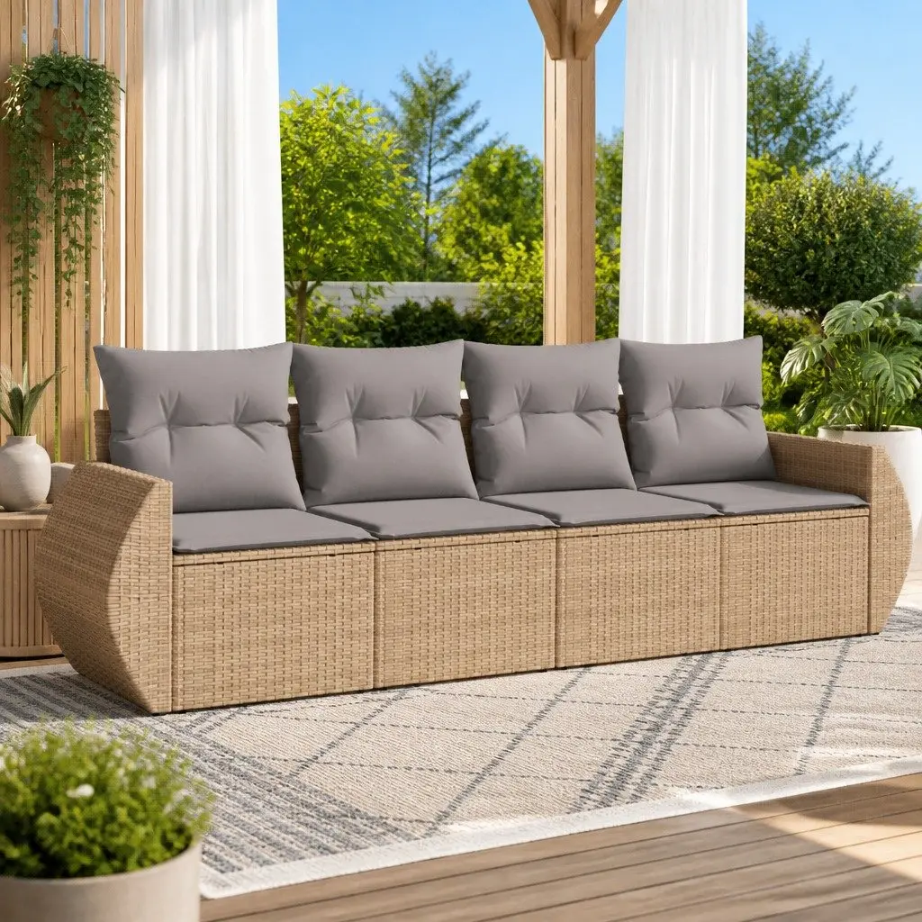 Outdoor Garden Sofa Set 4 Piece Beige Poly Rattan Patio Furniture Cushions