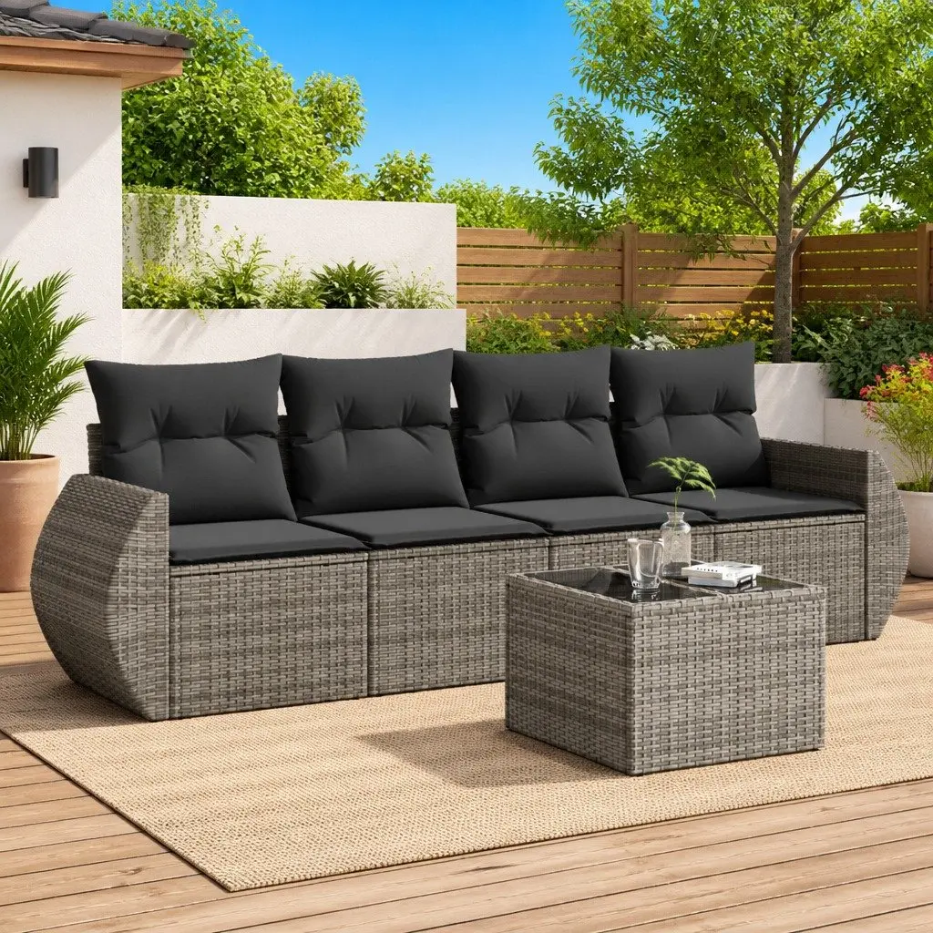 5 Piece Grey Garden Sofa Set with Cushions & Table