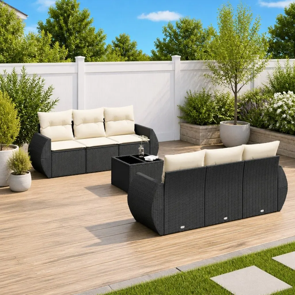 7 Piece Black Poly Rattan Garden Sofa Set