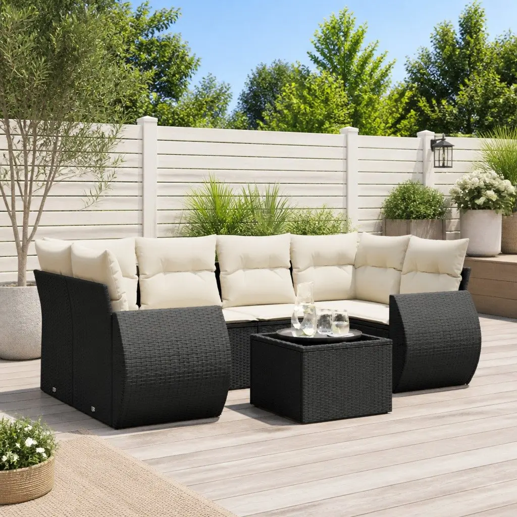 7 Piece Garden Sofa Set PE Rattan Black with Cushions