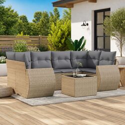 7 Piece Beige Poly Rattan Garden Sofa Set with Cushions