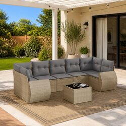 Premium 8 Piece Outdoor Sofa Set in Beige Poly Rattan