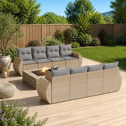 9-Piece Beige Poly Rattan Outdoor Garden Sofa Set
