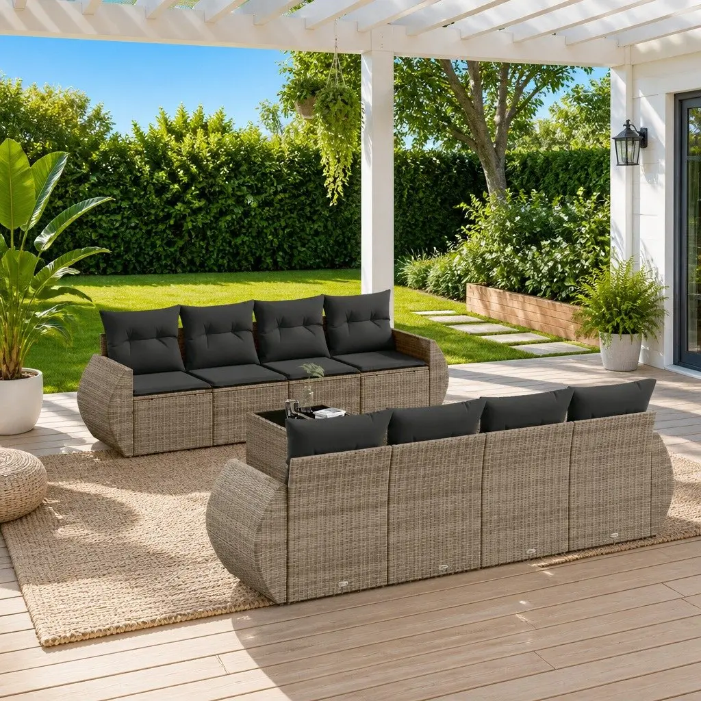 9 Piece Grey Poly Rattan Garden Sofa Set