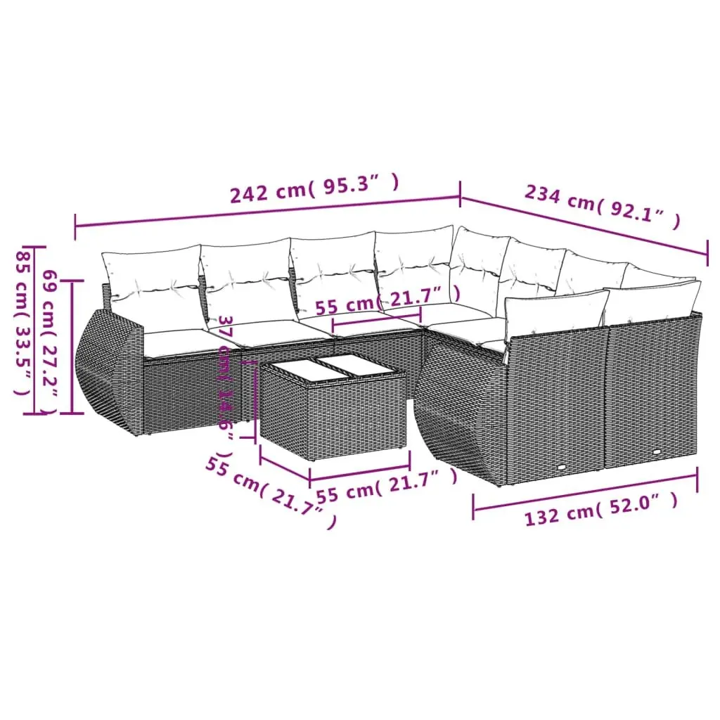 Garden Sofa Set PE Rattan 9 Piece Outdoor Furniture Patio Lounge Grey