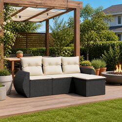 Durable 4 Piece Black Poly Rattan Sofa Set with Cushions