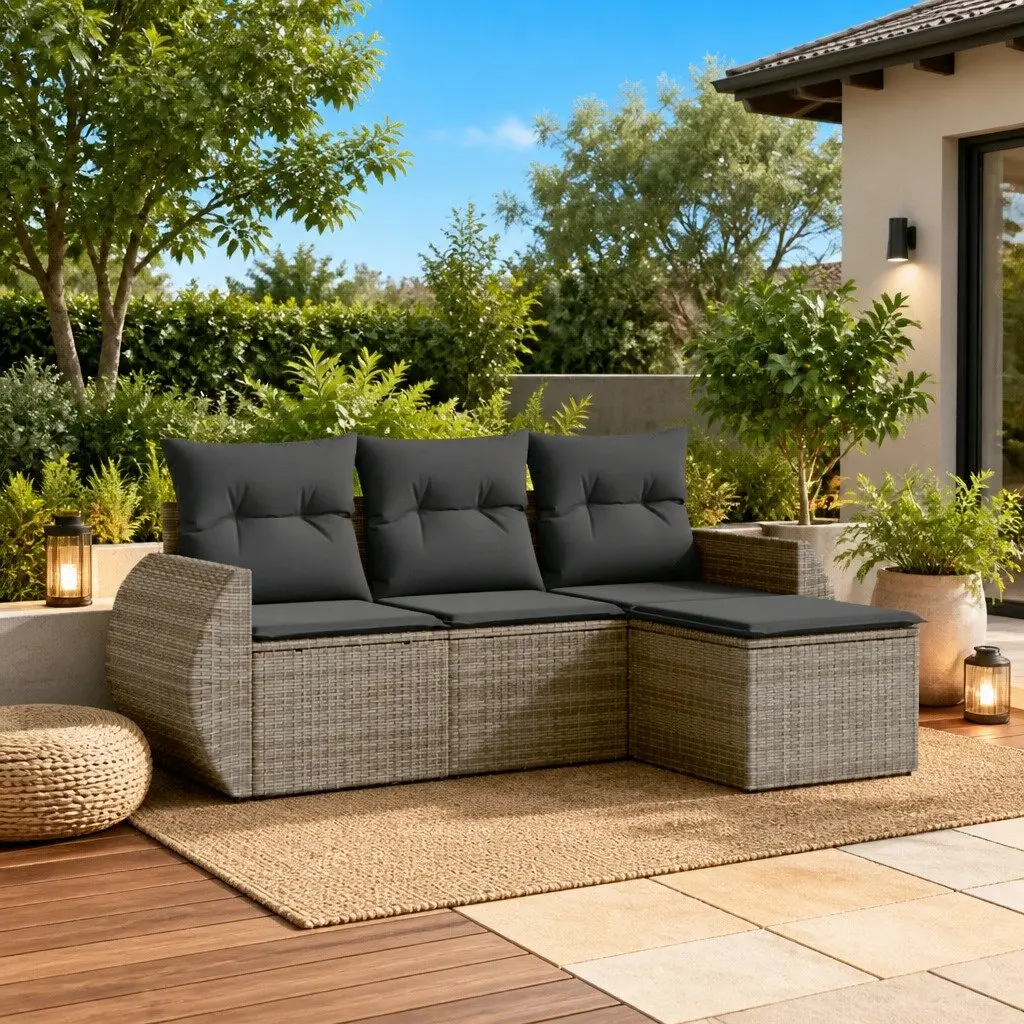 4-Piece Grey Poly Rattan Garden Sofa Set with Cushions