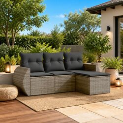 4-Piece Grey Poly Rattan Garden Sofa Set with Cushions