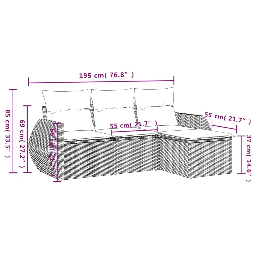 4-Piece Grey Poly Rattan Garden Sofa Set with Cushions
