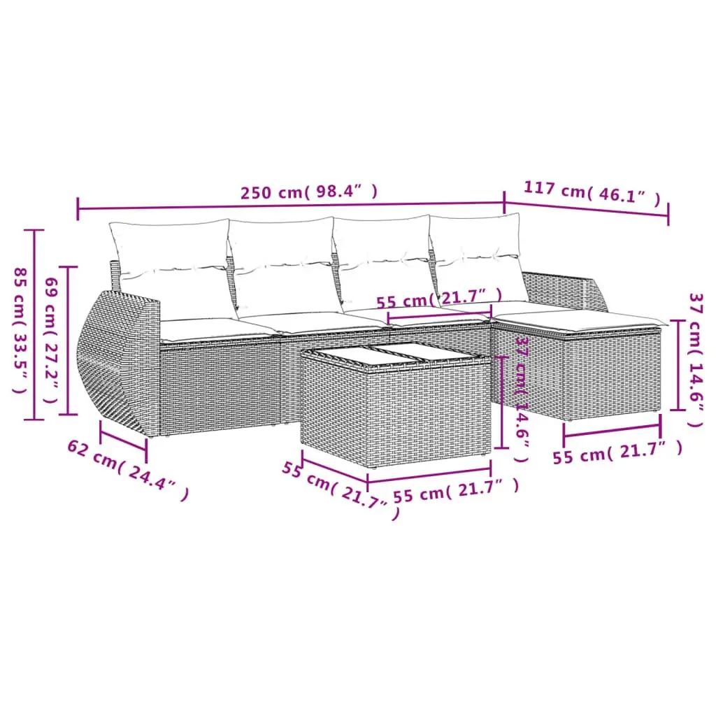 Garden Sofa Set PE Poly Rattan 6 Piece Grey Outdoor Furniture Patio Modular Lounge