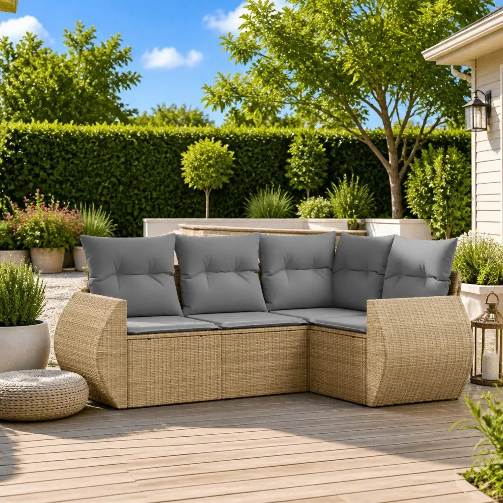 Outdoor Sofa Set PE Rattan 4 Piece Beige Cushions