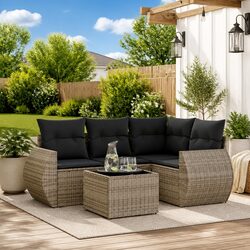 Grey Poly Rattan Garden Sofa Set - 5 Piece Outdoor Furniture