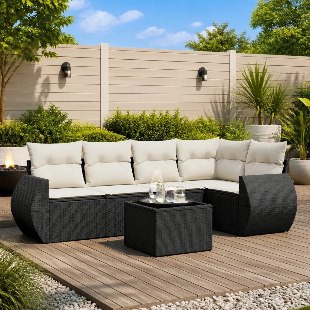 6 Piece Black Poly Rattan Garden Sofa Set with Cushions