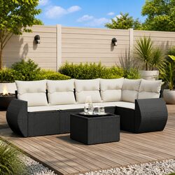 6 Piece Black Poly Rattan Garden Sofa Set with Cushions