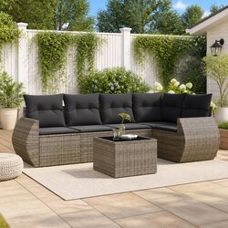 6-Piece Grey Poly Rattan Garden Sofa Set with Cushions