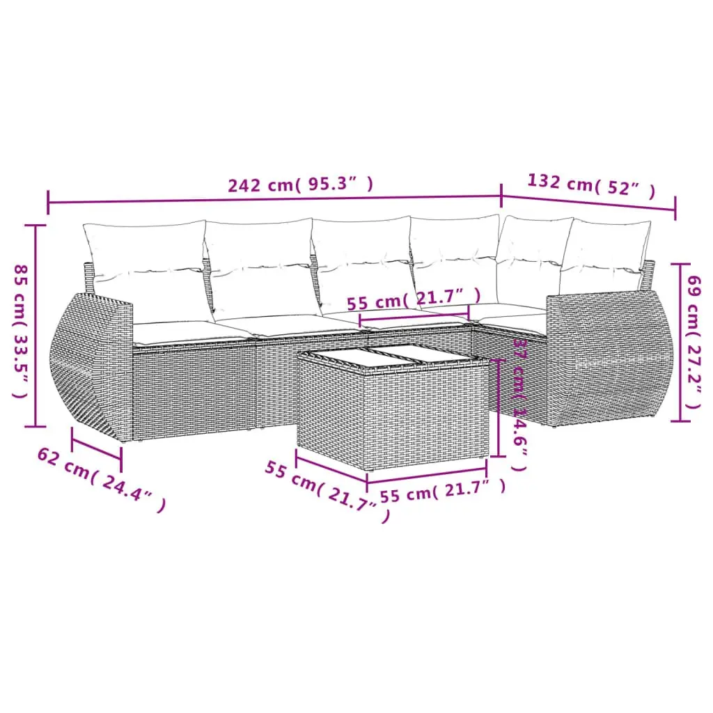Garden Sofa Set PE Rattan 6 Piece Outdoor Furniture Grey with Cushions