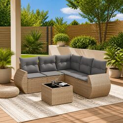 Beige Modular 6-Piece Outdoor Garden Sofa Set with Cushions