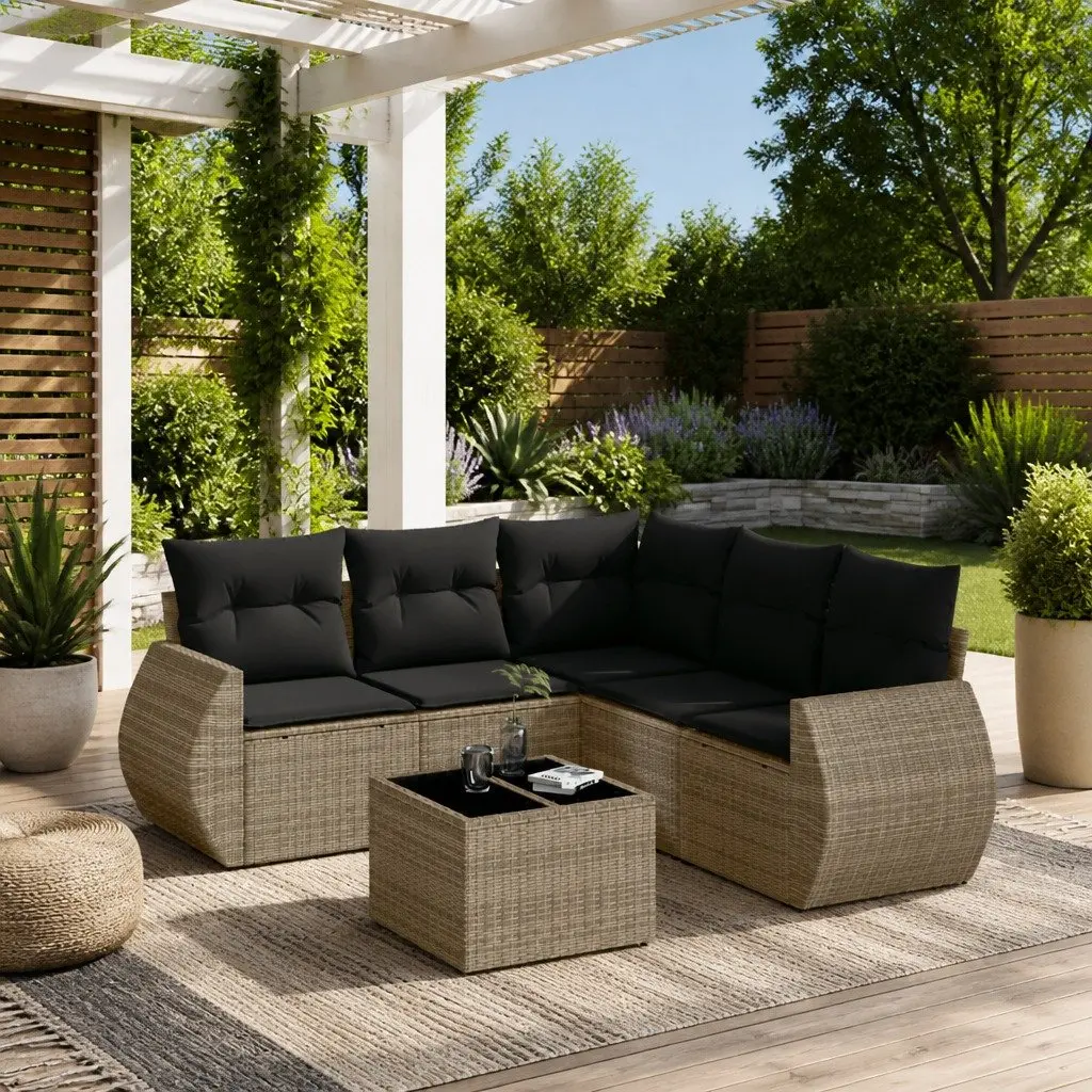 Garden Sofa Set PE Rattan 6 Piece Grey with Cushions