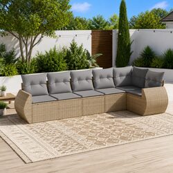 Beige Poly Rattan 6 Piece Outdoor Sofa Set with Cushions
