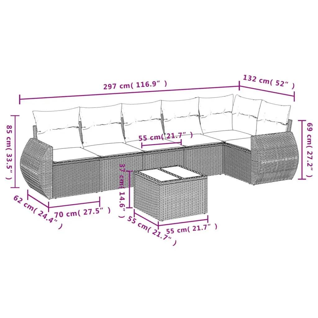 Garden Sofa Set PE Rattan 7 Piece Outdoor Furniture Grey with Cushions